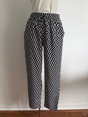 SASH - Navy Blue & White Chevron Zigzag Elastic Waist Pants
